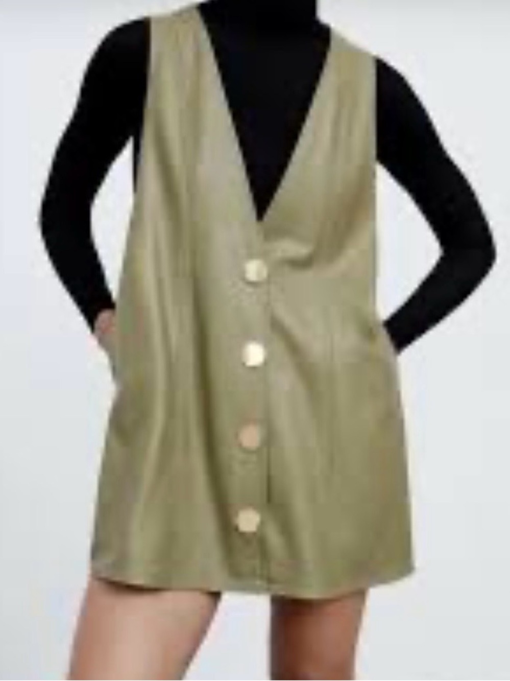 Zara Sage Green Faux Leather Pinafore Dress/Vest with Gold Button Detail
